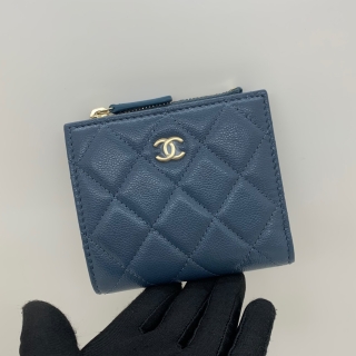 CHANEL SLG CAVIAR SKIN AP3388 COMPACT BIFOLD BLUE RFID MICROCHIPPED PL2L0438