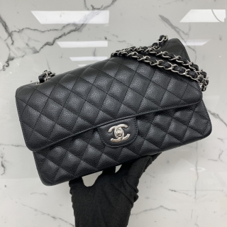CHANEL BAG CLASSIC FLAP A01112 MEDIUM 25CM CAVIAR SKIN DOUBLE SHW BLACK MICROCHIPPED