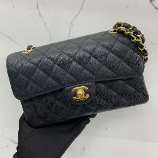 CAVIAR 23CM SMALL DOUBLE FLAP BLACK GHW W/CARD NO.13