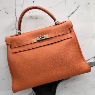 Hermes Kelly 32 Bag in Orange Clemence Leather, M Stamp