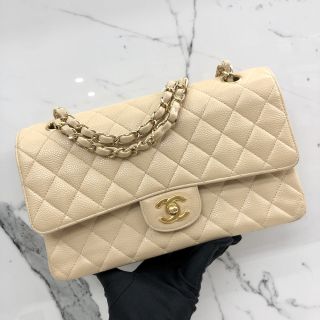 A01112 CAVIAR 25CM MEDIUM DOUBLE FLAP BEIGE GHW W/CARD NO.13