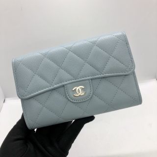 CHANEL SLG MATELASSE PASTEL BLUE　CAVIAR TRIFOLD NO.31 WC