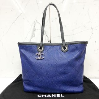 Chanel No.19 Tote Bag, Blue Stitched Caviar Skin Leather