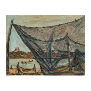 Art work by Alfredo Zalce, Pueblo de Pescadores (Fishermen Town), painting, 19 1/2 X 25 1/2 IN (49.8 x 65 cm)