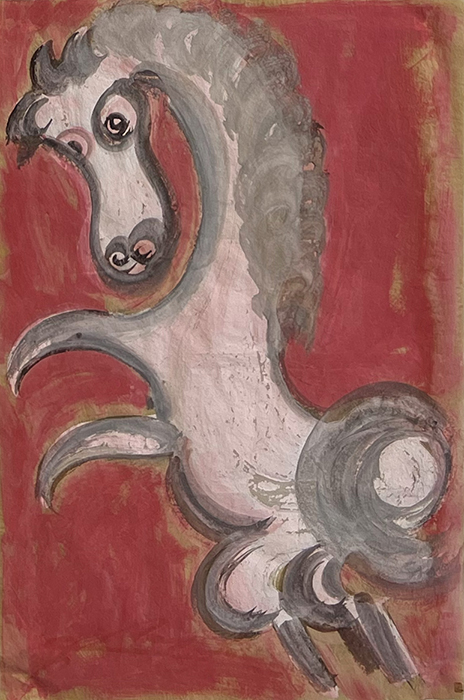 Art work by Chucho Reyes, Horse on pink background, painting, 29 1/2 x 19 1/2 inches (75 x 49.5 cm)