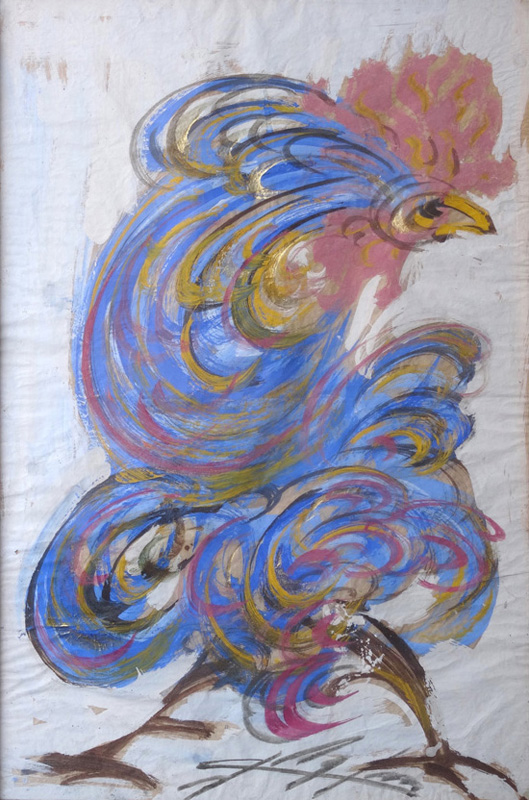 Art work by Chucho Reyes, Blue Rooster, painting, 29 x 19 inches (75 x 49 cm)