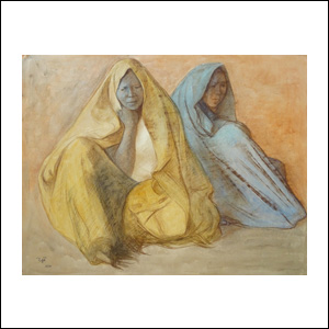 Art work by Francisco Zuñiga, Two Seated Woman with Shawl, painting, 19 1/2 x 25 1/2 inches (50 x 65 cm)