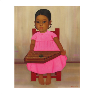 Art work by Gustavo Montoya, Girl with Pink Dress, painting, 22.25 x 17.3 in (56.5 x 44 cm)