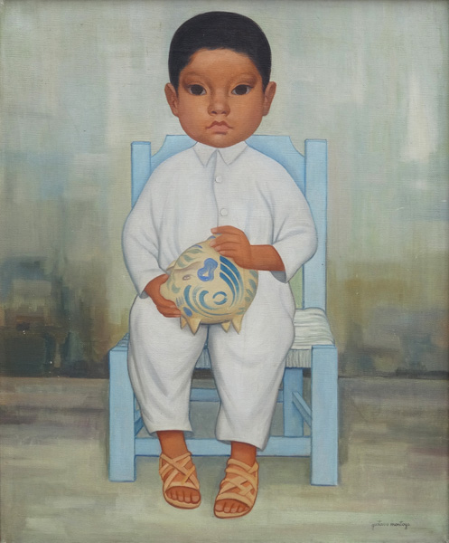 Art work by Gustavo Montoya, Niño con alcancía, painting, 21 1/2 x 17 3/4 in  (55 x 45.2 cm)