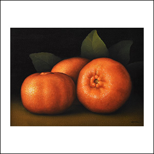 Art work by Gustavo Valenzuela, Tangerines with Leaves, painting, 23 5/8 x 31 1/2 in (60 x 80 cm)