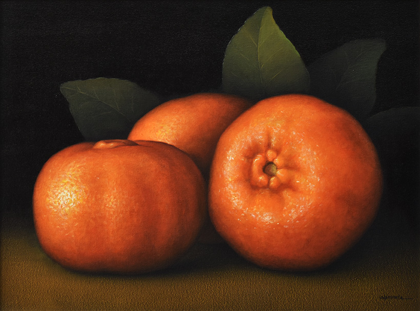 Art work by Gustavo Valenzuela, Tangerines with Leaves, painting, 23 5/8 x 31 1/2 in (60 x 80 cm)