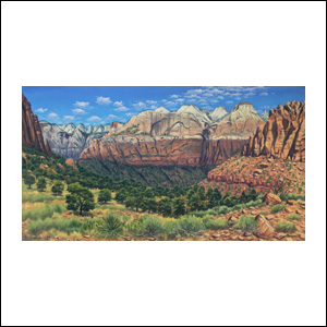 Art work by Jorge Obregon, Zion, painting, 23.75 x 43.5 in (60 x 110 cm)