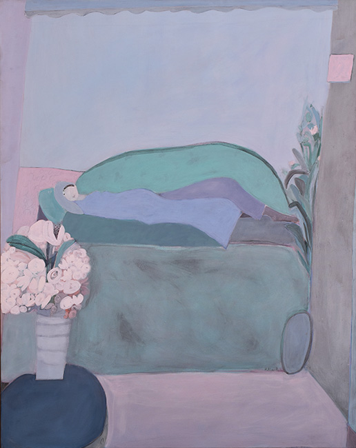 Art work by Joy Laville, Looking a Woman on a Green Sofa, painting, 59 x 47 1/4 inches (150 x 120 cm)