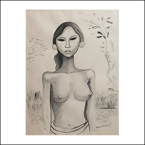 Art work by Miguel Covarrubias, Balinese Girl in Landscape, painting, 14.5 x 10 3/4 inches (37 x 27 cm)