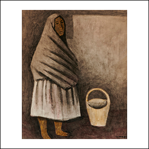 Art work by Rufino Tamayo, Mujer de pie con rebozo y canasta, painting, 17 x 13 3/4 in (43 x 35 cm)