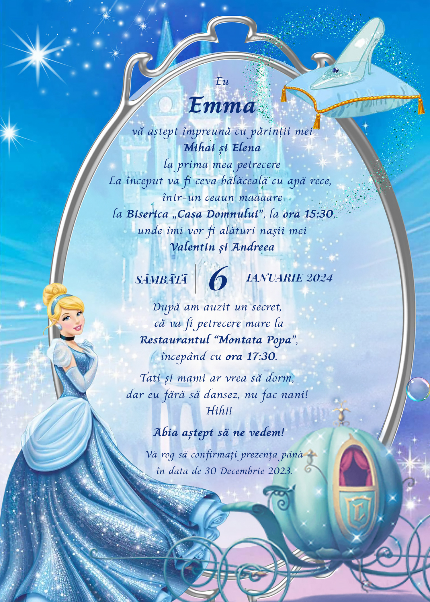 Invitație digitală Cinderela botez