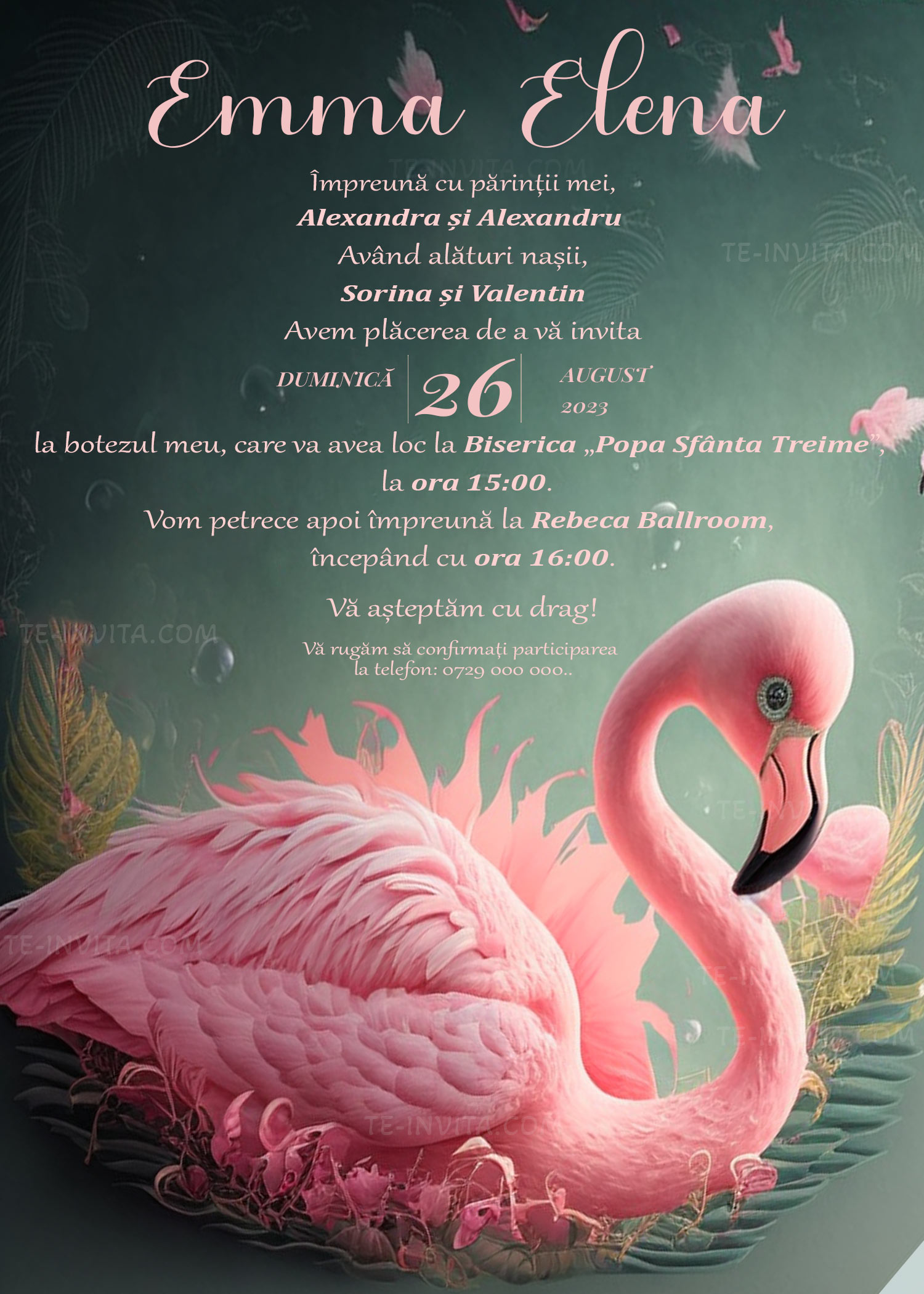 Invitație digitală Flamingo botez