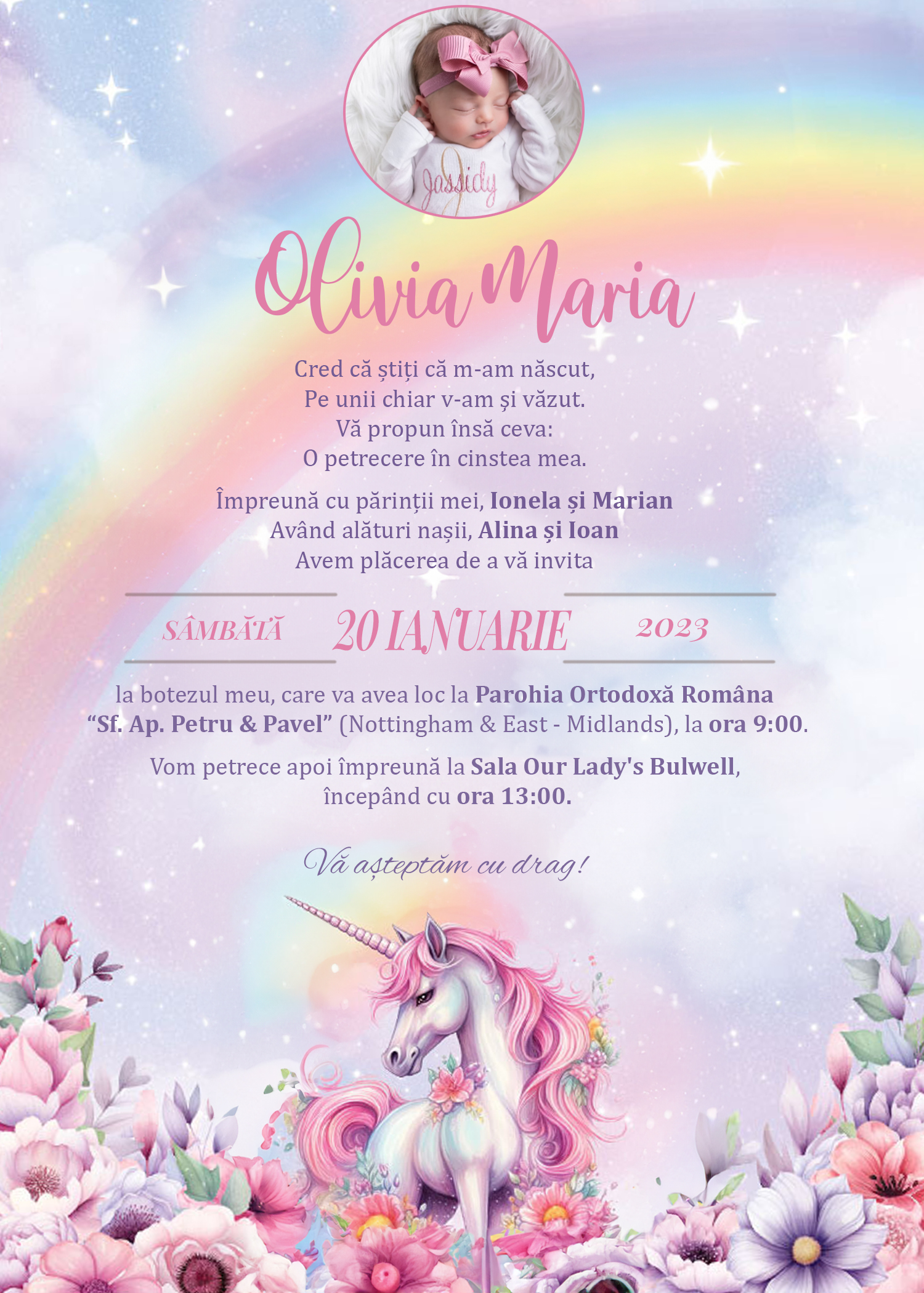 Invitație digitală Magic Unicorn botez