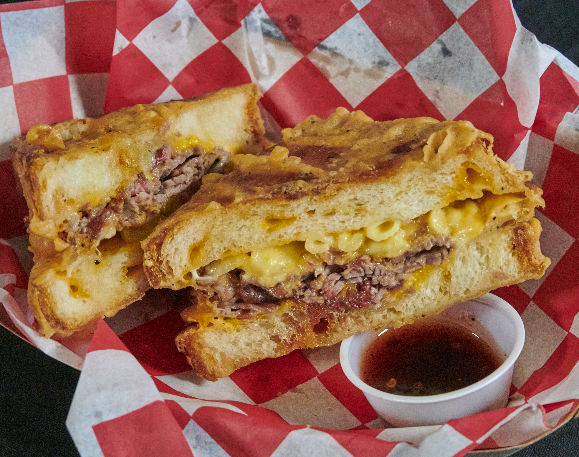 Deep-Fried Bacon Brisket Mac-n-Cheese Grilled Cheese