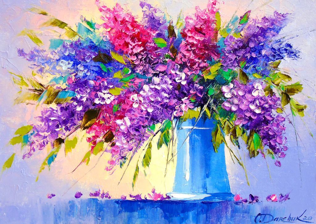 Impressionistic oil painting of a vibrant bouquet of purple and pink lilacs in a bright blue vase.