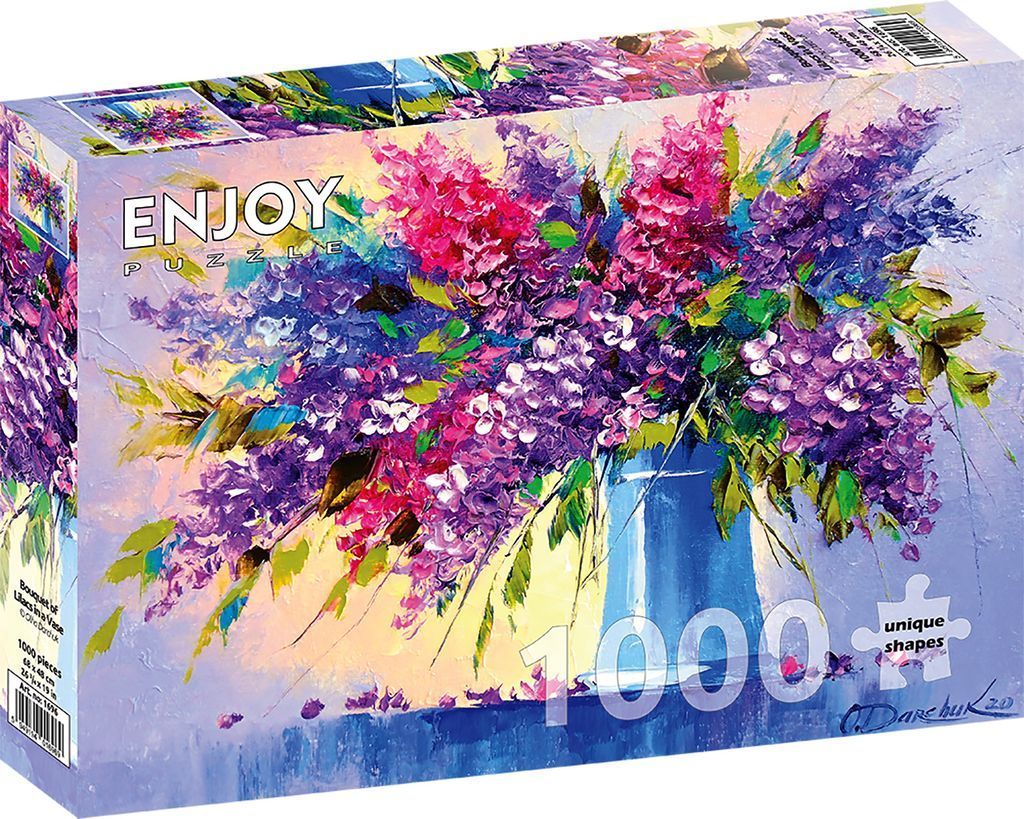 Impressionistic oil painting of a vibrant bouquet of purple and pink lilacs in a blue vase.