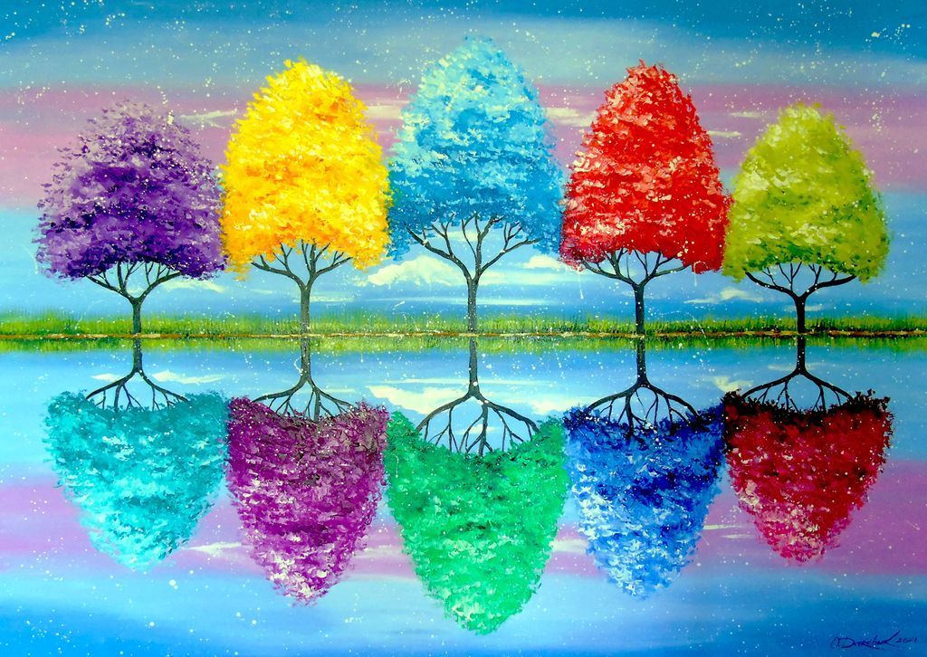Five vibrant, rainbow-colored trees reflected in a tranquil, glowing body of water.
