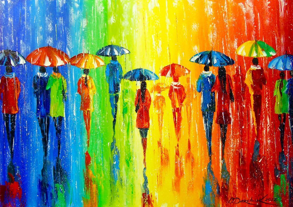 A group of people walking through a rainstorm, rendered in a vibrant, rainbow-colored palette.