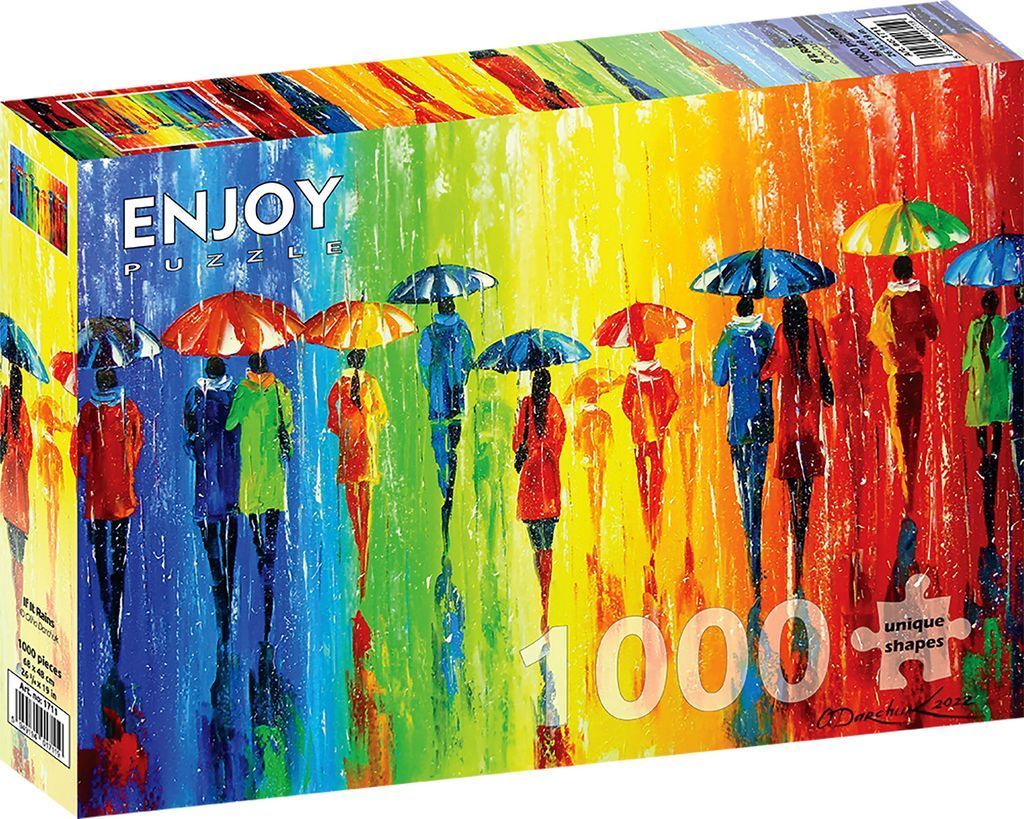 An impressionist painting of people walking in the rain under colorful umbrellas against a rainbow-hued background.
