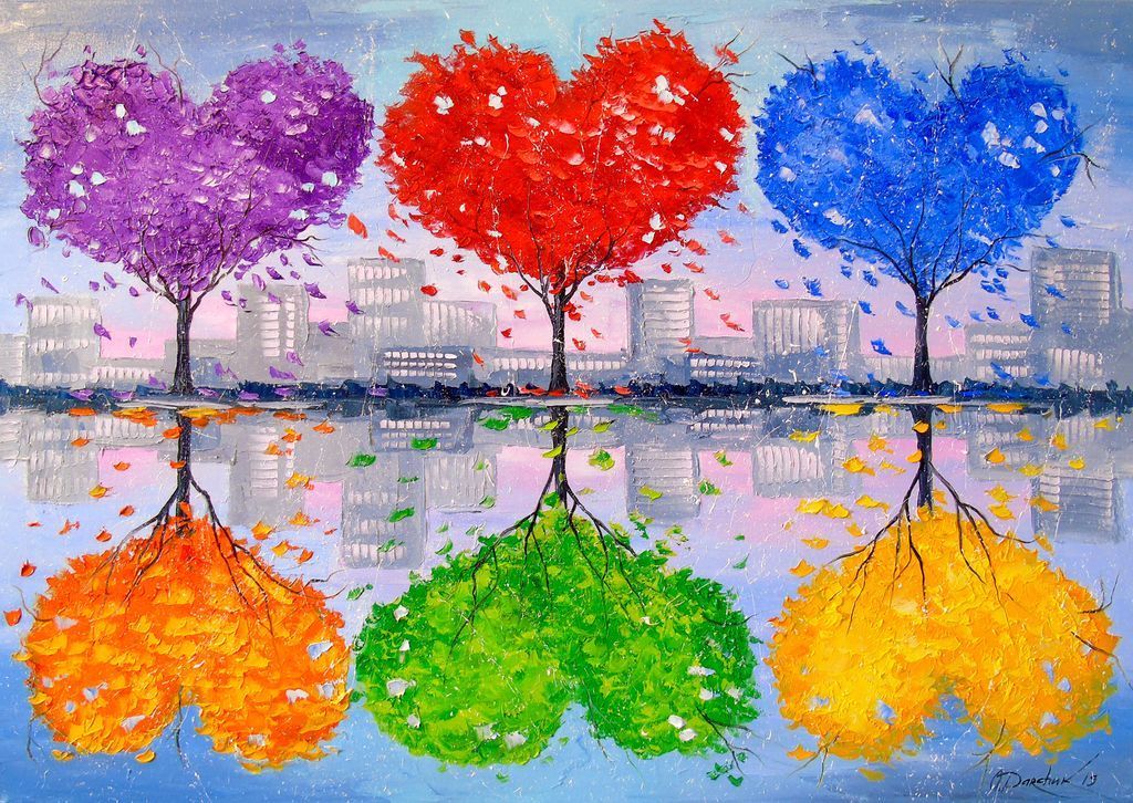 Three heart-shaped trees in vivid colors reflected in still water against a stylized city skyline.