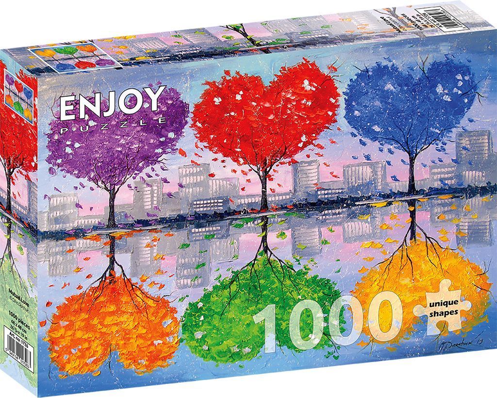Oil painting of three heart-shaped trees in purple, red, and blue reflecting in water against a city skyline.