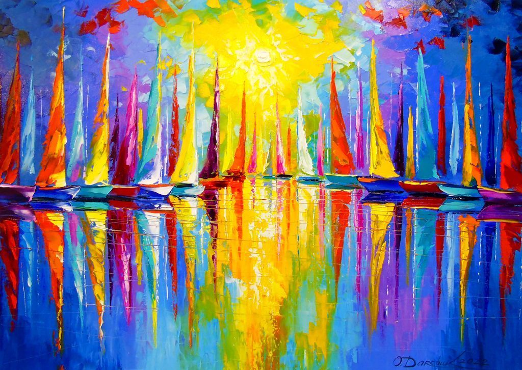 A vibrant oil painting showing a fleet of colorful sailboats on a calm body of water against a brilliant yellow sun.