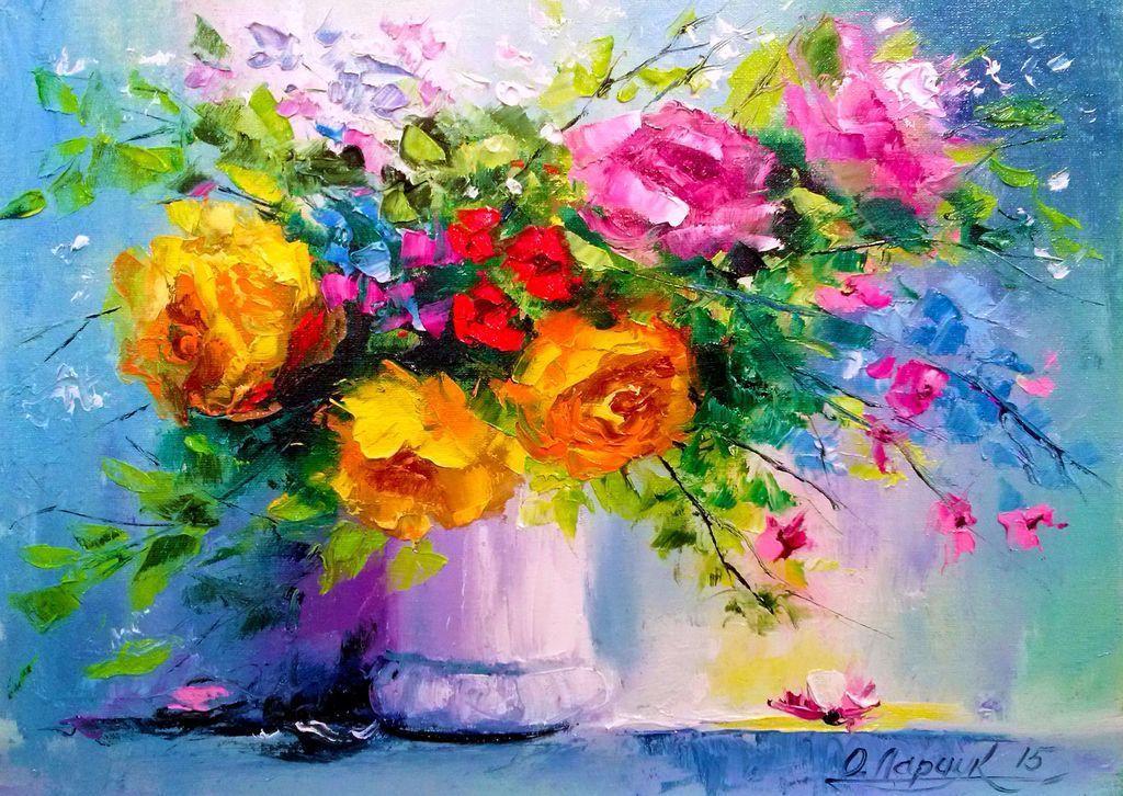 An oil painting of a vibrant bouquet of yellow, pink, and red flowers in a light-colored vase against a blue background.