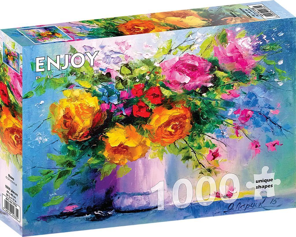 Impressionistic oil painting of a vibrant bouquet of yellow, orange, and pink roses in a vase against a blue background.