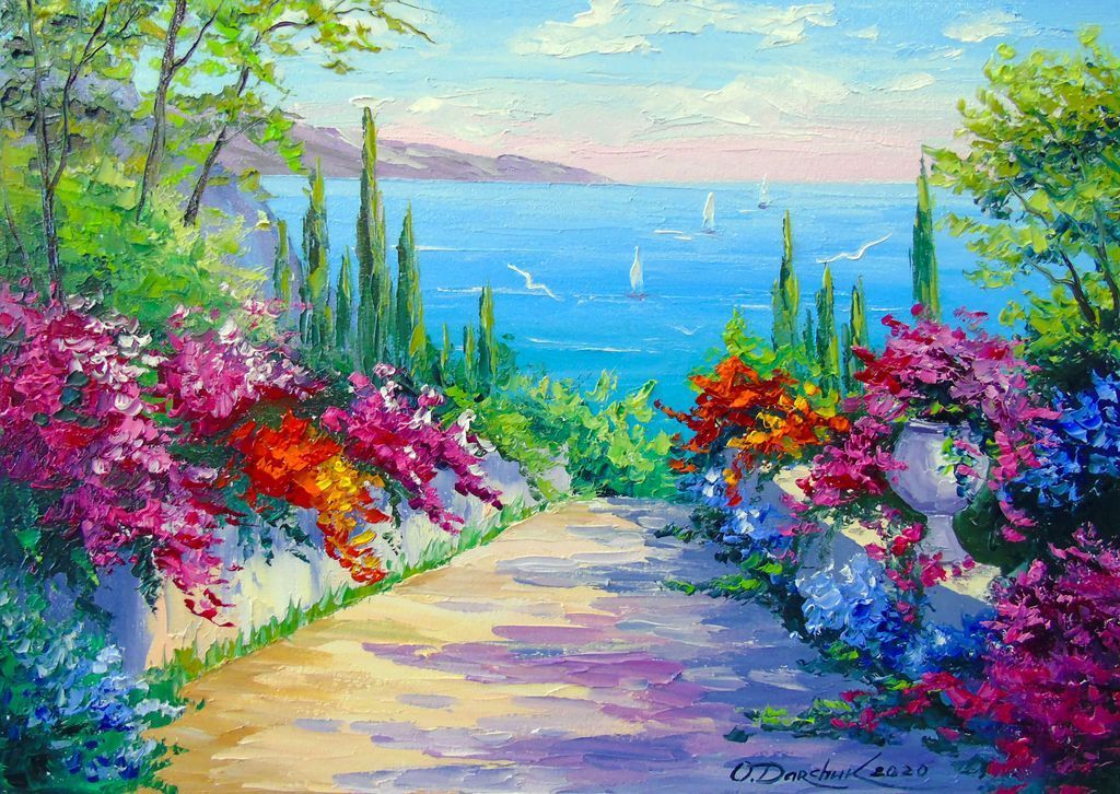 Impressionist painting of a sunlit path leading to a blue sea framed by vibrant bougainvillea flowers.