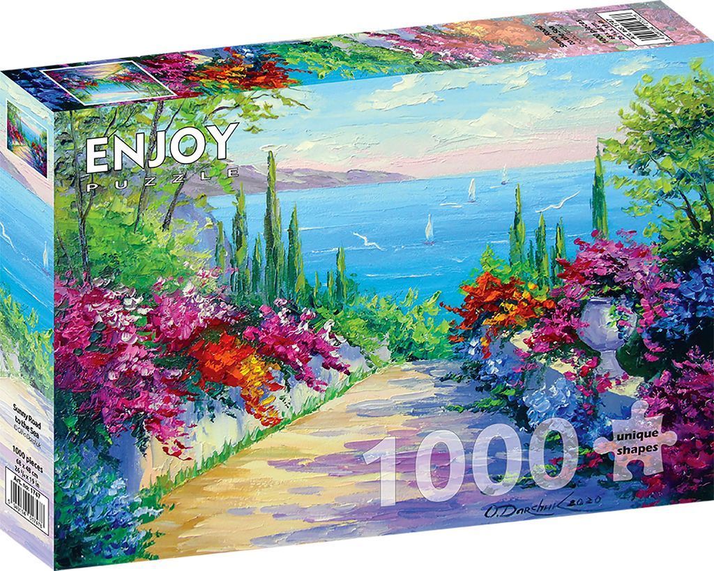 An oil painting of a sunlit path leading to a blue Mediterranean sea surrounded by vibrant flowers and cypress trees.