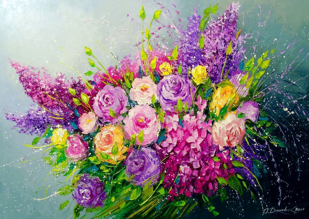 An expressive oil painting of a vibrant, colorful bouquet of roses, lilacs, and hydrangeas against a hazy background.