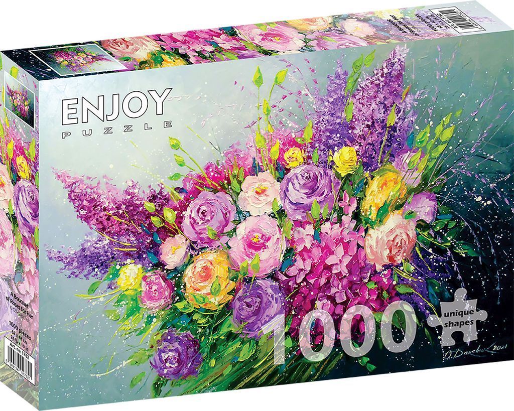 Impressionistic floral bouquet of pink, purple, and yellow roses and hydrangeas against a soft teal background.