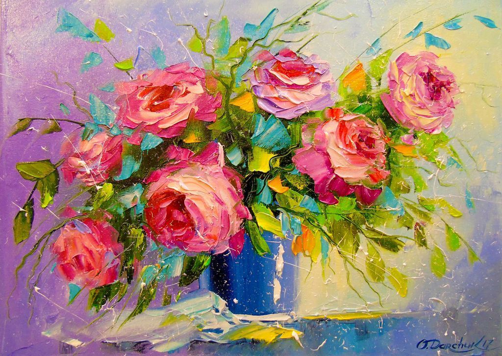 An expressive, impasto oil painting of a bouquet of vibrant pink roses in a blue vase.