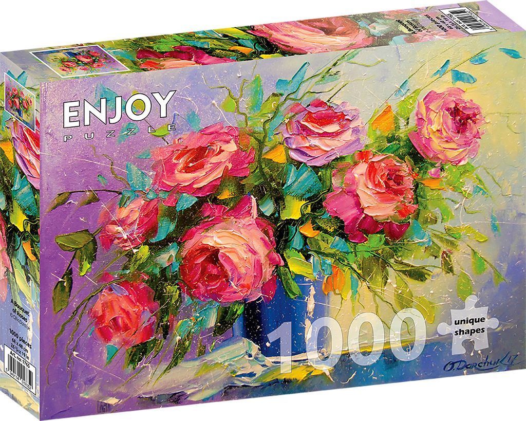 Impressionist oil painting of a bouquet of vibrant pink roses in a blue vase.