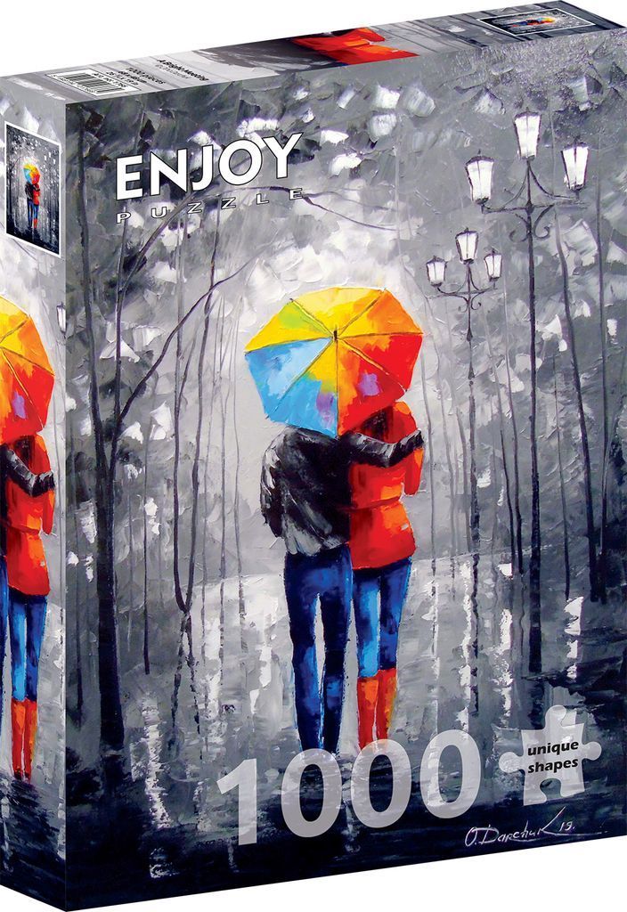 An oil painting of a couple walking in the rain under a bright multicolored umbrella.