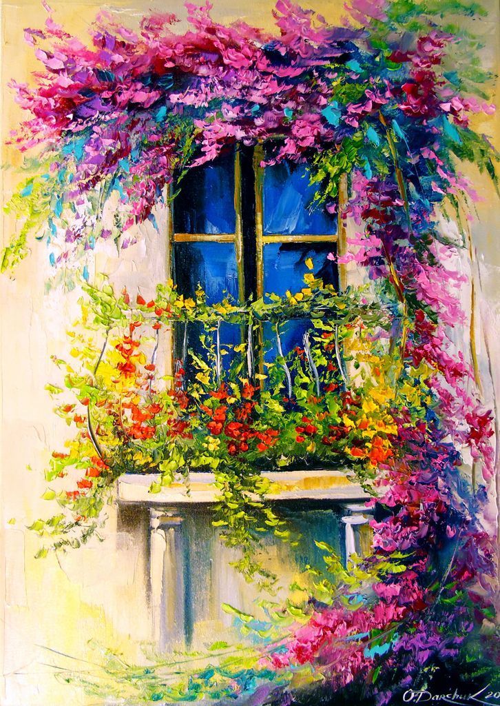 Impressionistic painting of a window framed by vibrant pink and purple bougainvillea flowers.
