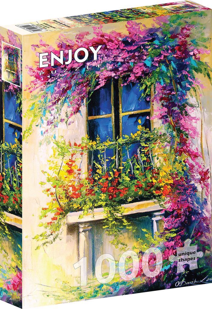Impressionistic oil painting of a sunlit window overflowing with vibrant pink bougainvillea and colorful balcony flowers.