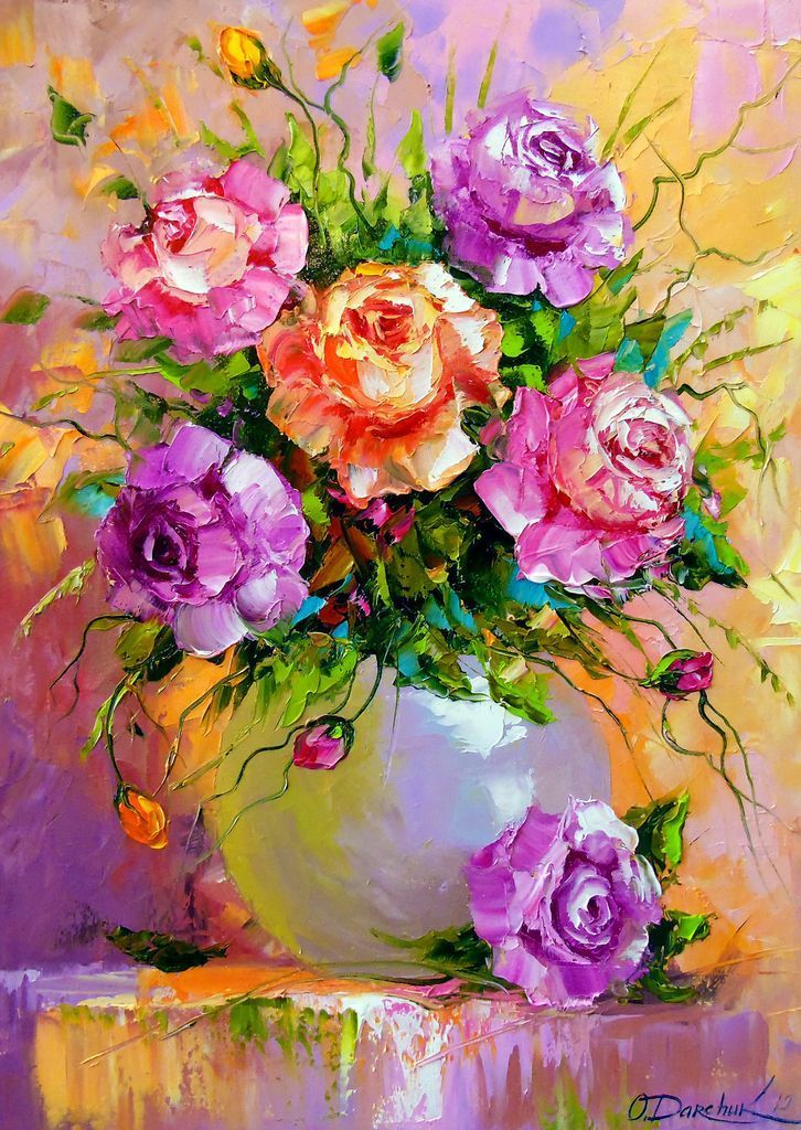 A lush bouquet of vibrant, painterly roses in varying shades of pink, purple, and orange sits in a round glass vase.
