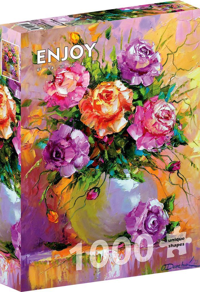 Impressionist-style oil painting of a bouquet of colorful roses in a white vase against a warm, blended background.