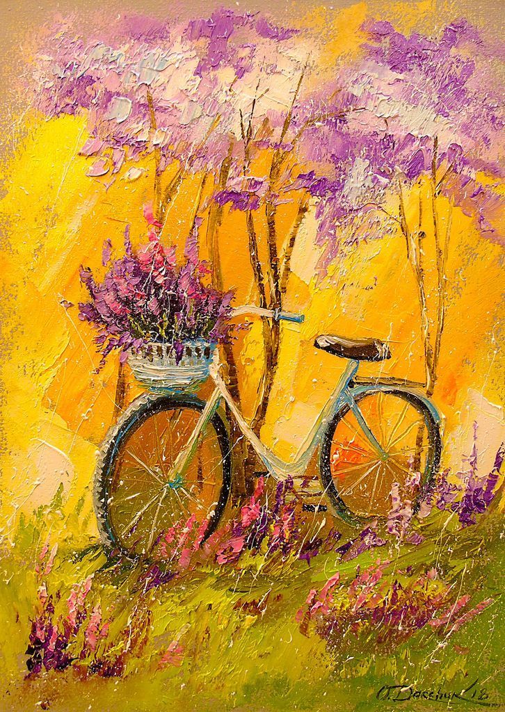 An oil painting of a bicycle parked under purple flowering trees against a vibrant yellow background.