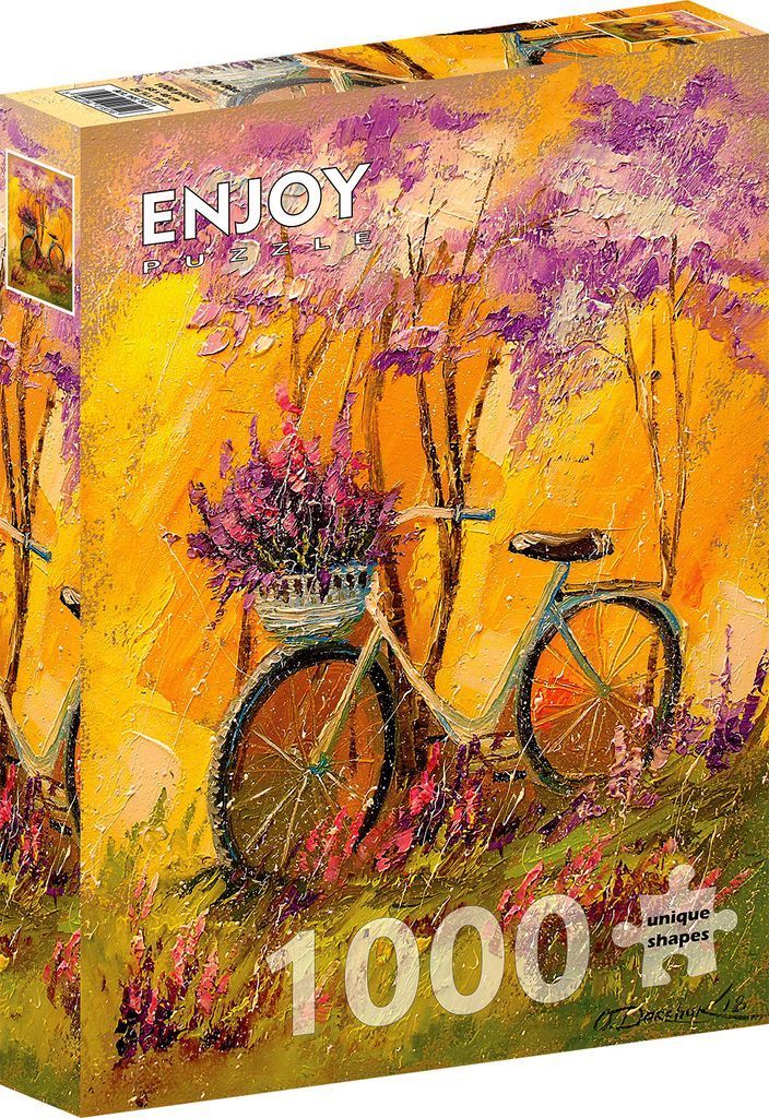 An oil painting of a vintage bicycle with a basket full of purple flowers against a vibrant yellow background.