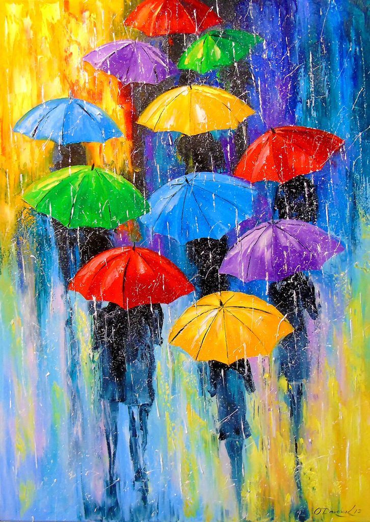 An oil painting of several people walking in the rain under vibrant, colorful umbrellas against a yellow and blue background.