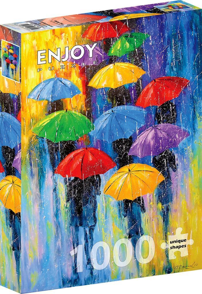 Impressionistic painting of people walking in the rain with colorful umbrellas.