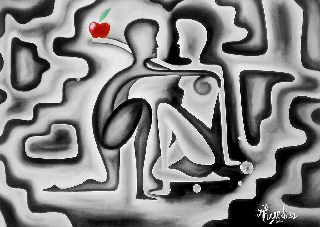 Stylized monochrome figures, one kneeling and one seated, facing each other with a single red apple above them.