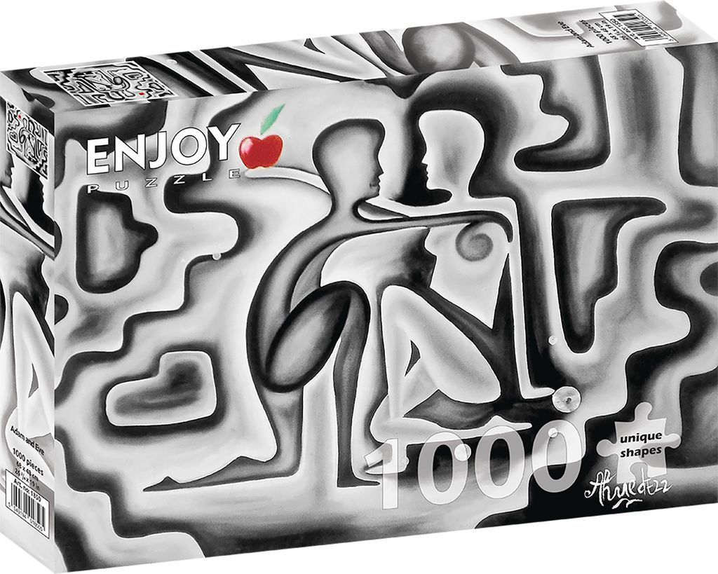 A stylized black and white illustration of Adam and Eve with a single red apple.